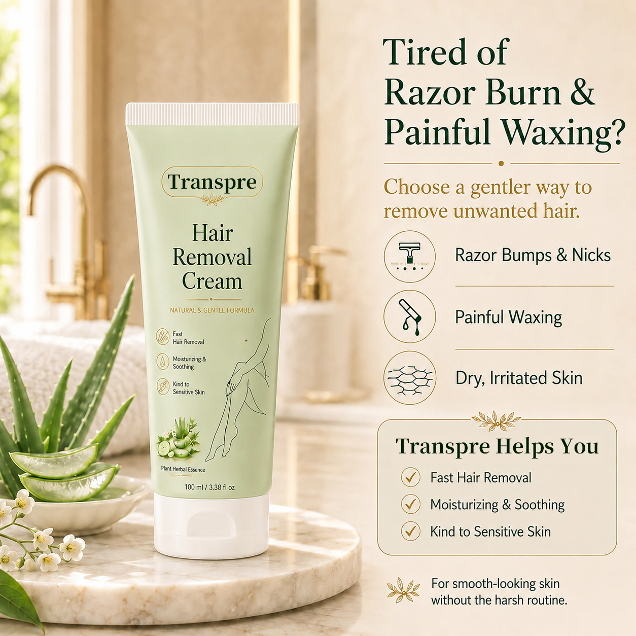 Transpre™ Natural Gentle Hair Removal Cream | For Women & Men, Sensitive Skin