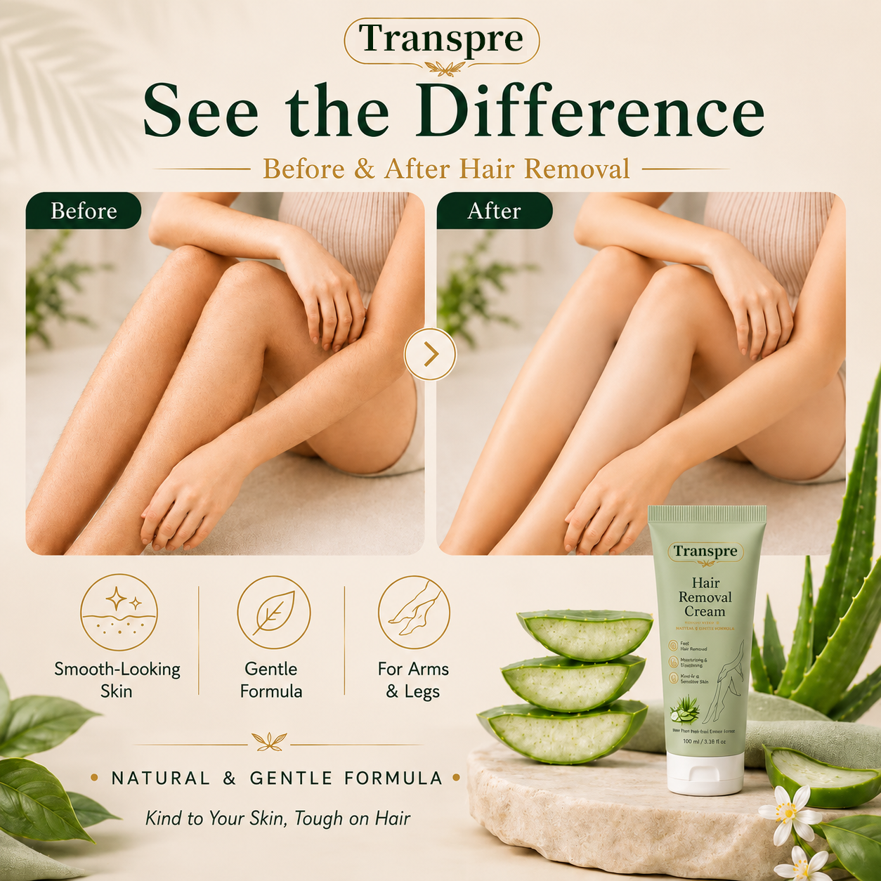 Transpre™ Natural Gentle Hair Removal Cream | For Women & Men, Sensitive Skin