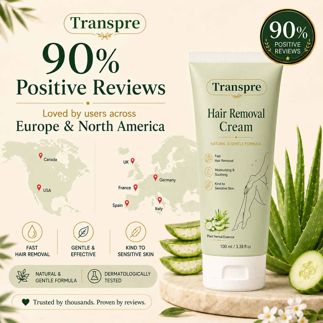 Transpre™ Natural Gentle Hair Removal Cream | For Women & Men, Sensitive Skin
